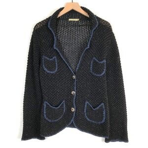 RELAIS Crochet Loose Knit Coatigan Sz L Black & Blue Button Up Cardigan Sweater